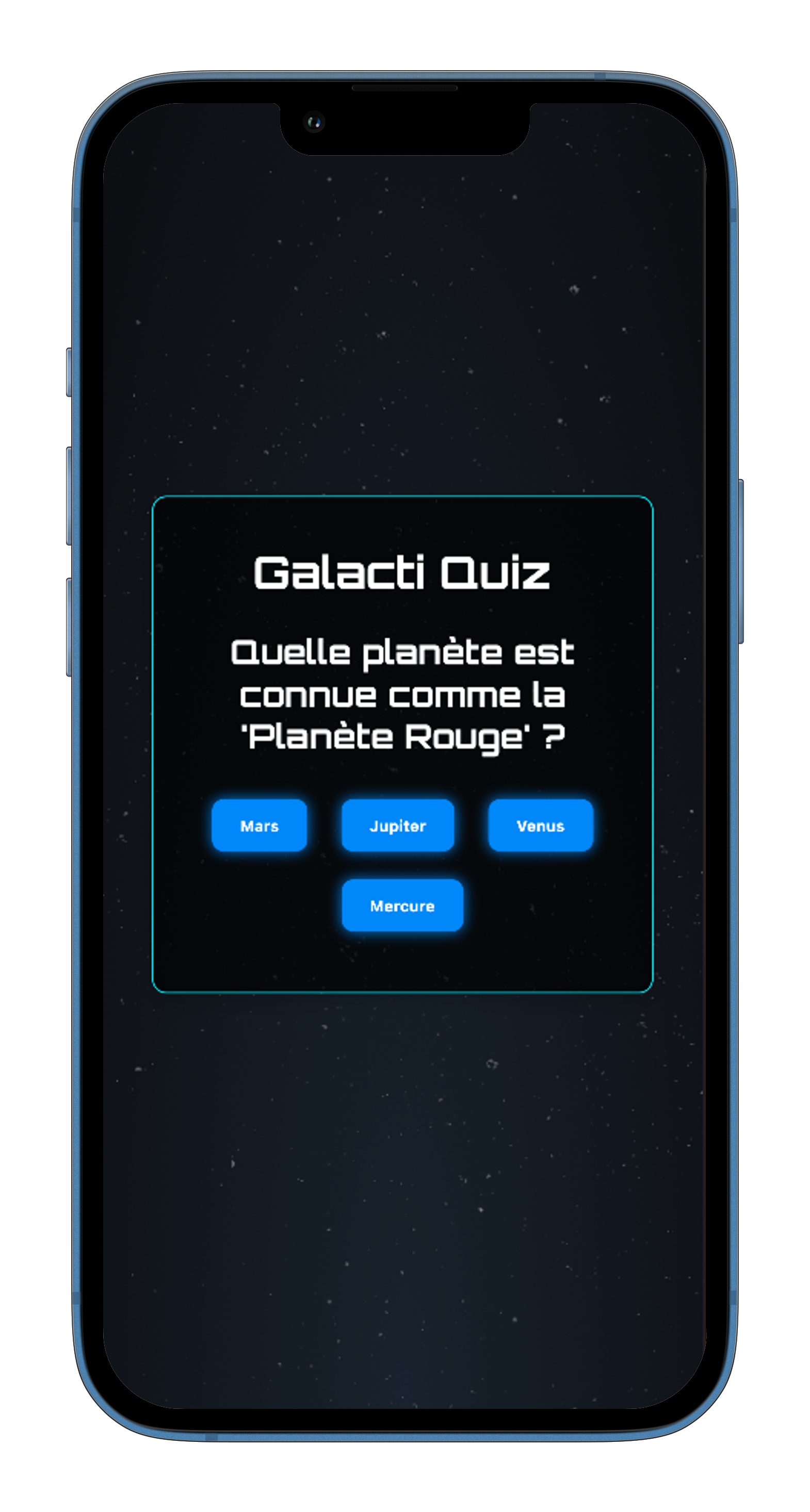 Capture d'écran d'un quiz sur le thème de l'astronomie développé en HTML, CSS, JS.