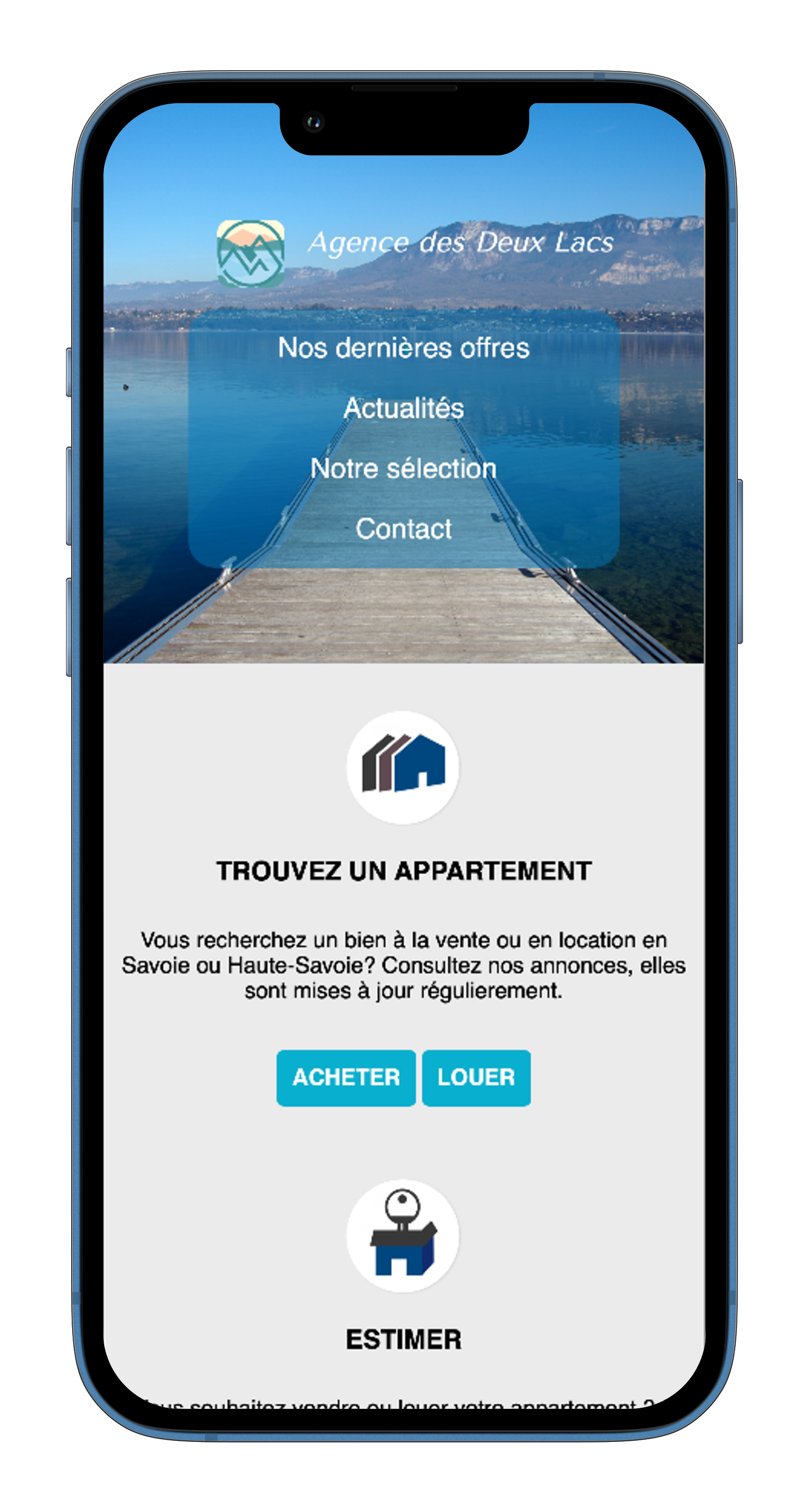 Capture d'écran d'un site vitrine d'une agence immobilière, projet fictif développé en HTML, CSS.