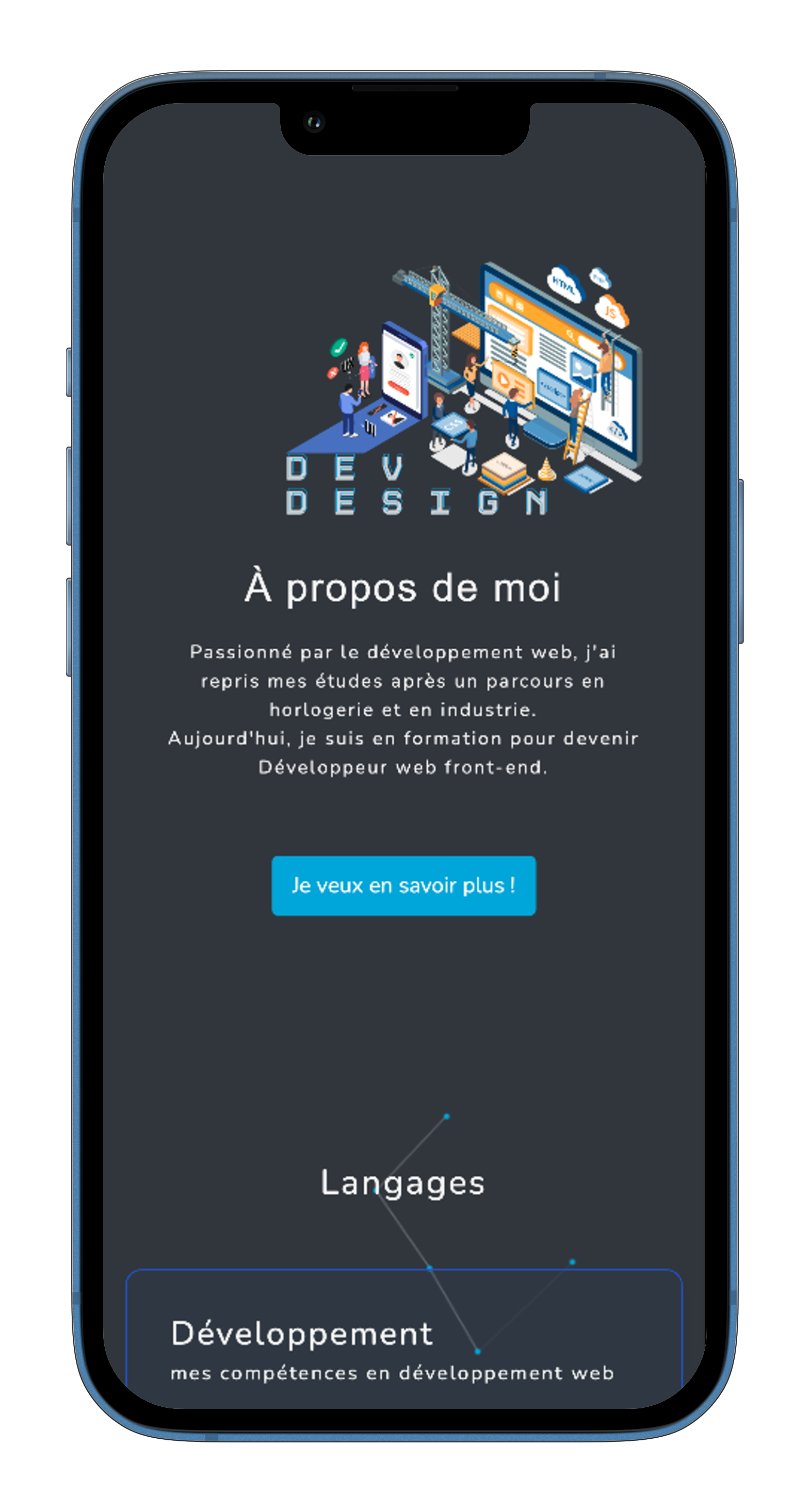 Capture d'écan de mon portfolio développé en HTML, CSS, JavaScript et avec l'utilisation de Bootstrap